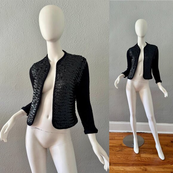 Vintage 50s Black Knit Sequin ORLON Open Cardigan Sweater XS - Picture 1 of 13